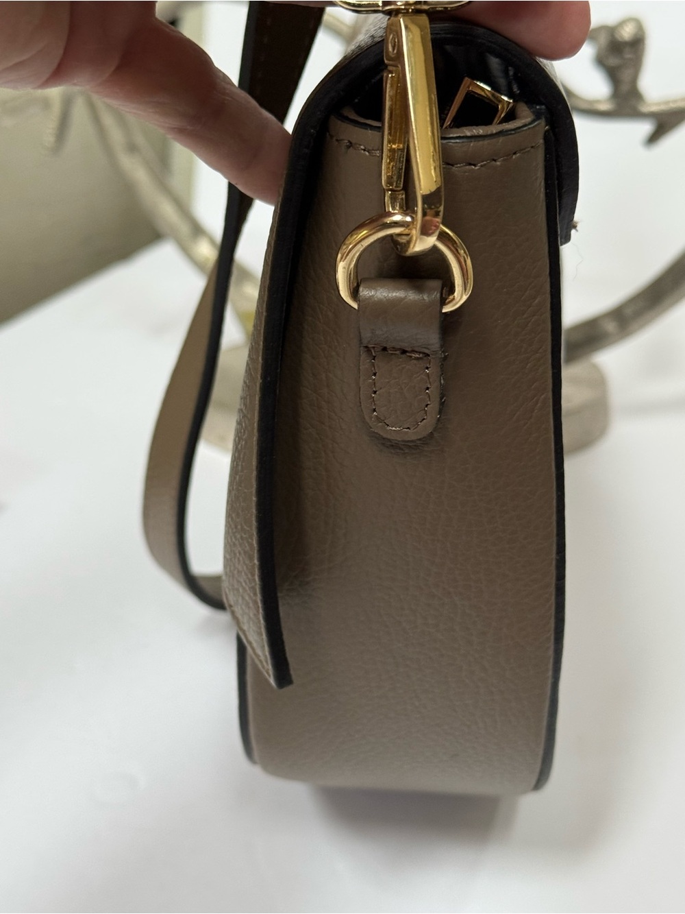 Taupe Leather Half-Moon Crossbody Bag with Gold Ring Accent - Picture 3 of 12